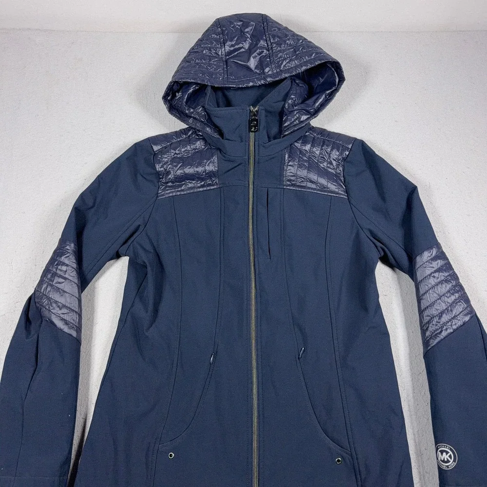 Michael‎ Kors Hooded Softshell Coat Women Medium Navy Quilted Trim Longline